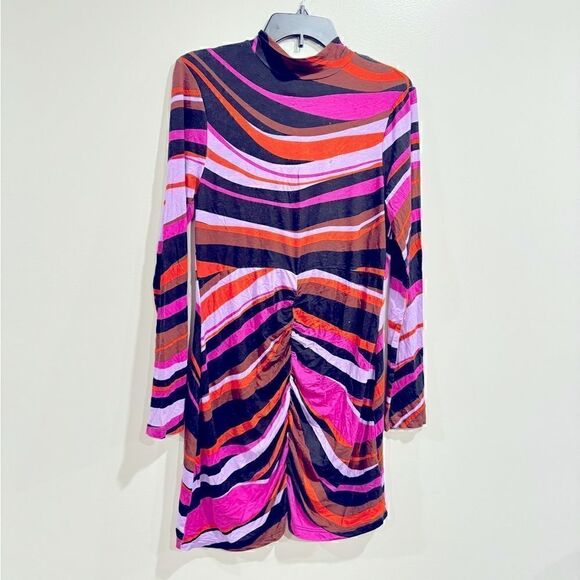 SANCTUARY Abstract Mock Neck Shirred Bodycon Dress Women's Gravity Long Sleeve L - Picture 10 of 12